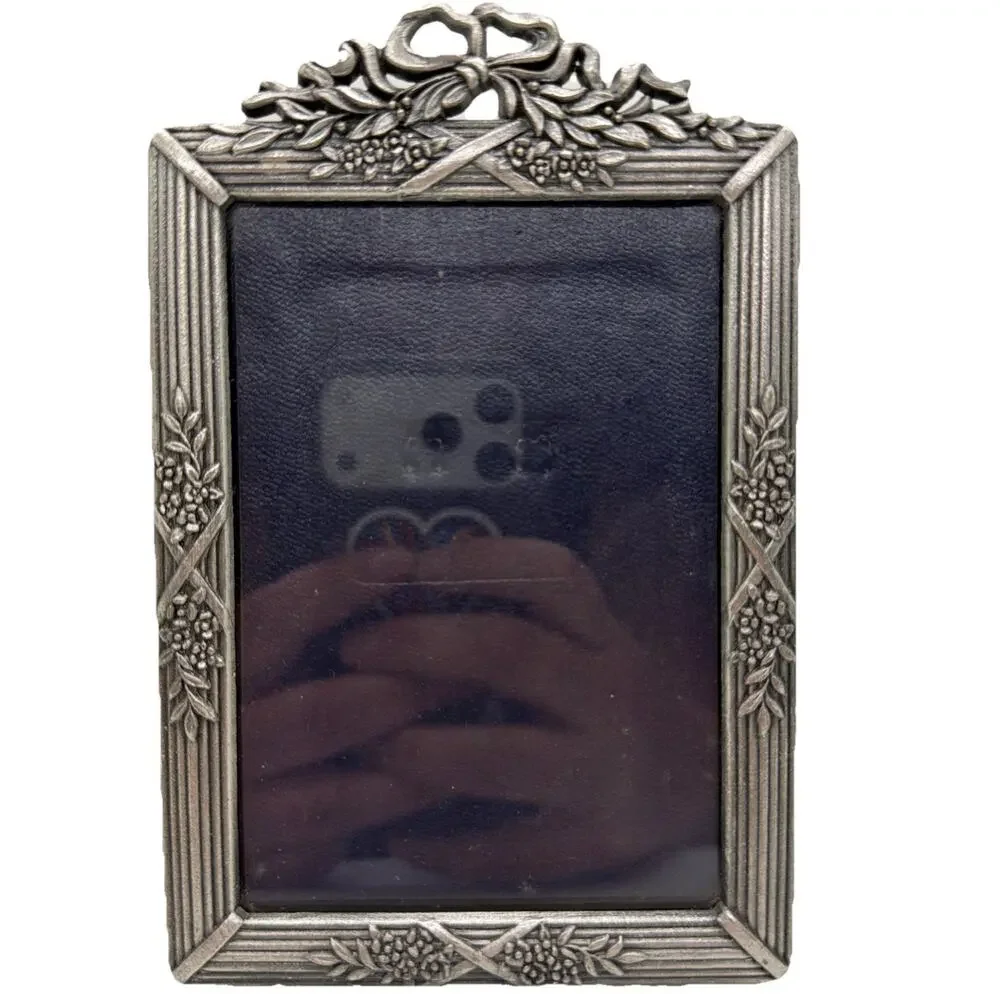 Pewter Metal Photo Frame Floral Bow Ribbon Art Deco Decorative Holds 3.5x5 Vtg